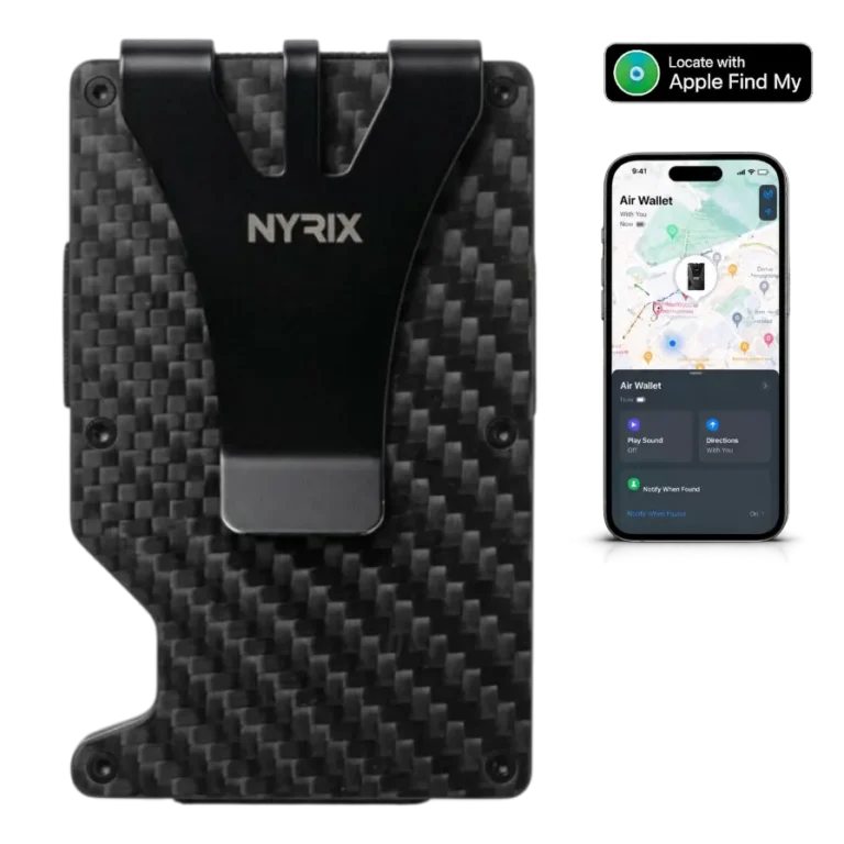 Porte-cartes NYRIX Air Wallet Pro en fibre de carbone, localisable avec Localiser d'Apple sur iPhone