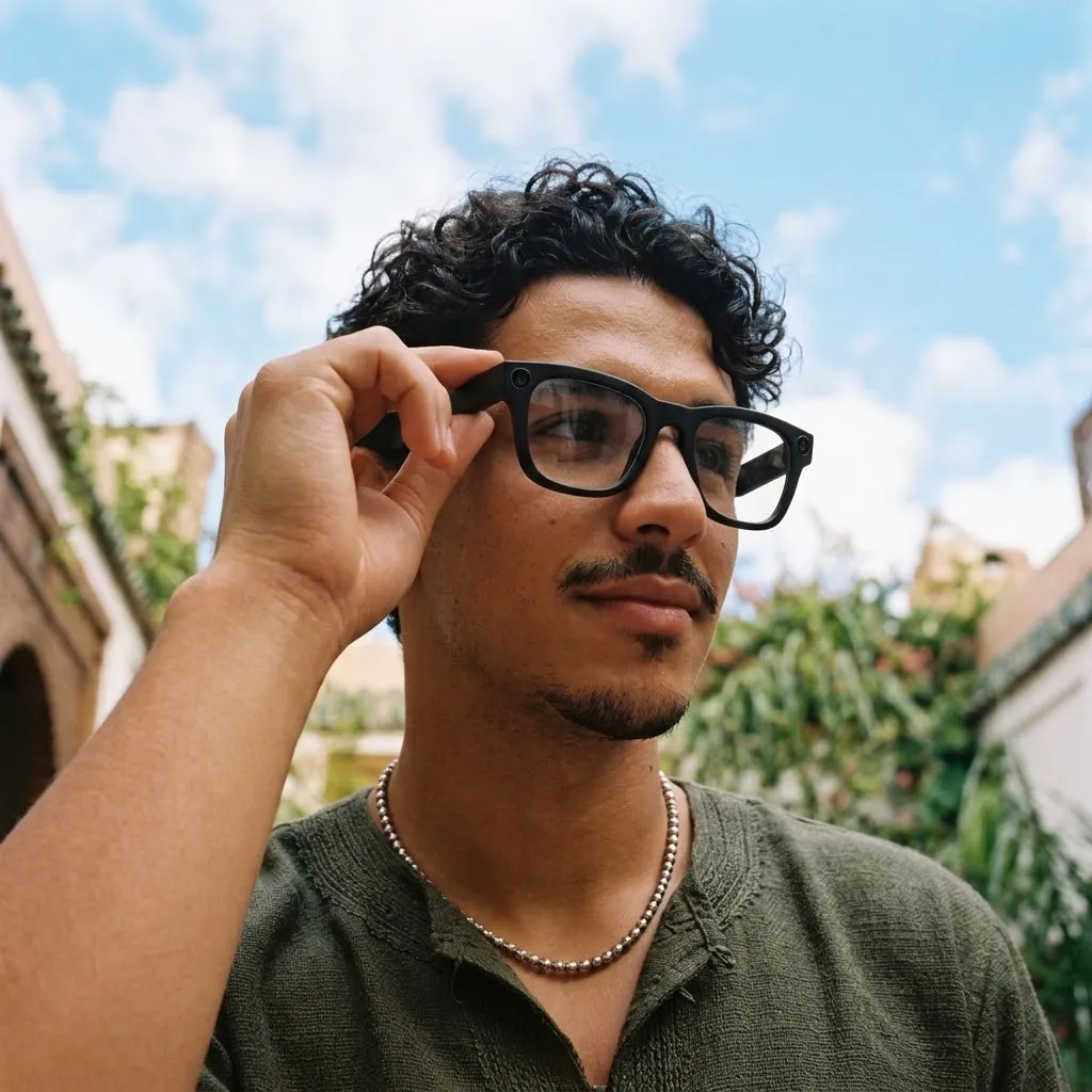 Homme ajustant la branche des lunettes connectées NYRIX Smart Glasses à verres clairs, en extérieur
