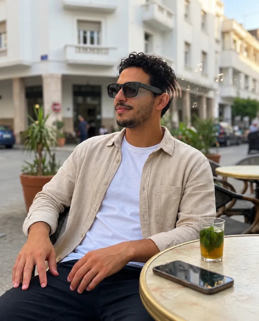 Homme écoutant de la musique avec les lunettes connectées NYRIX Smart Glasses en terrasse