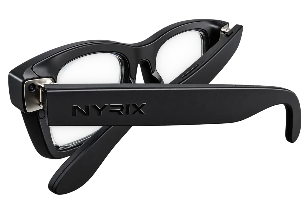 Lunettes connectées NYRIX Smart Glasses à verres clairs, logo NYRIX sur la branche