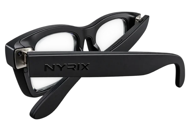 Lunettes connectées NYRIX Smart Glasses à verres clairs, logo NYRIX sur la branche