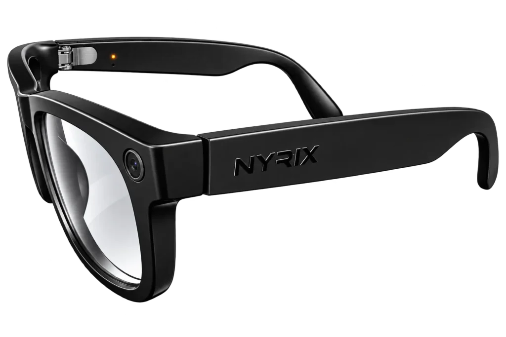 Lunettes connectées NYRIX Smart Glasses à verres clairs, vue de trois quarts