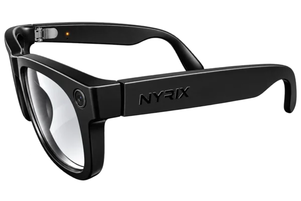 Lunettes connectées NYRIX Smart Glasses à verres clairs, vue de trois quarts