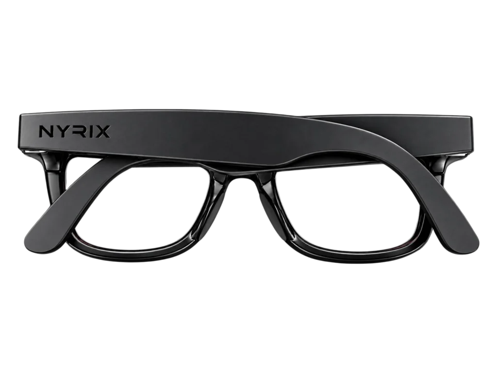 Lunettes connectées NYRIX Smart Glasses pliées, monture noire, logo NYRIX sur la branche