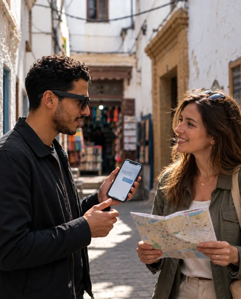 Homme utilisant la traduction des lunettes connectées NYRIX Smart Glasses avec une touriste dans la médina