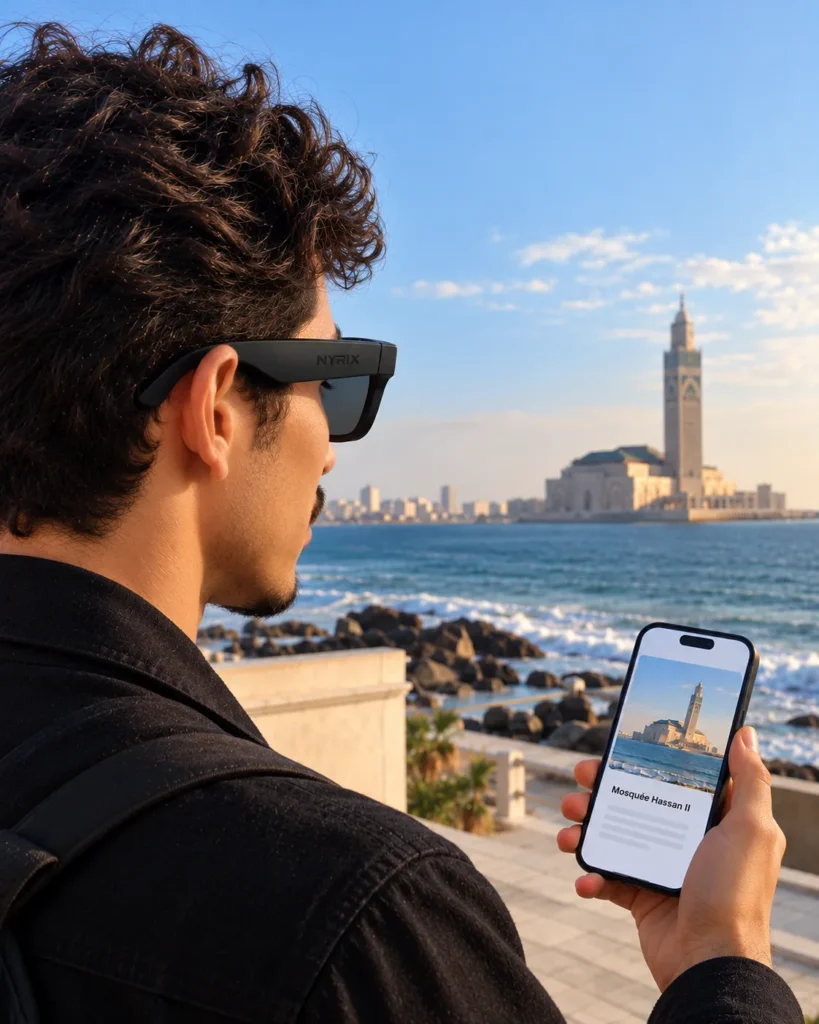 Homme portant les lunettes connectées NYRIX Smart Glasses face à la mosquée Hassan II, le résultat affiché sur son téléphone