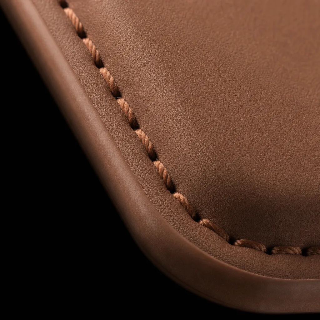 Détail des coutures du NYRIX Air Wallet Mag marron