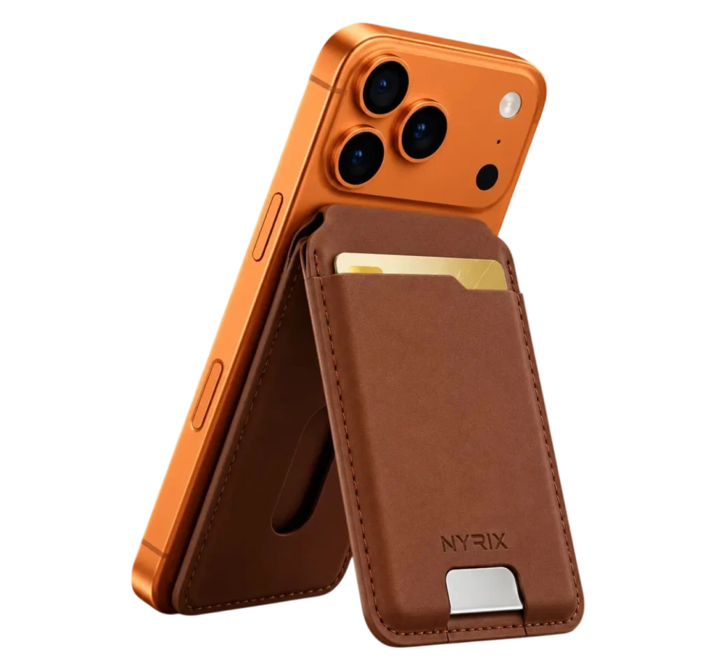 NYRIX Air Wallet Mag fixé au dos d'un iPhone