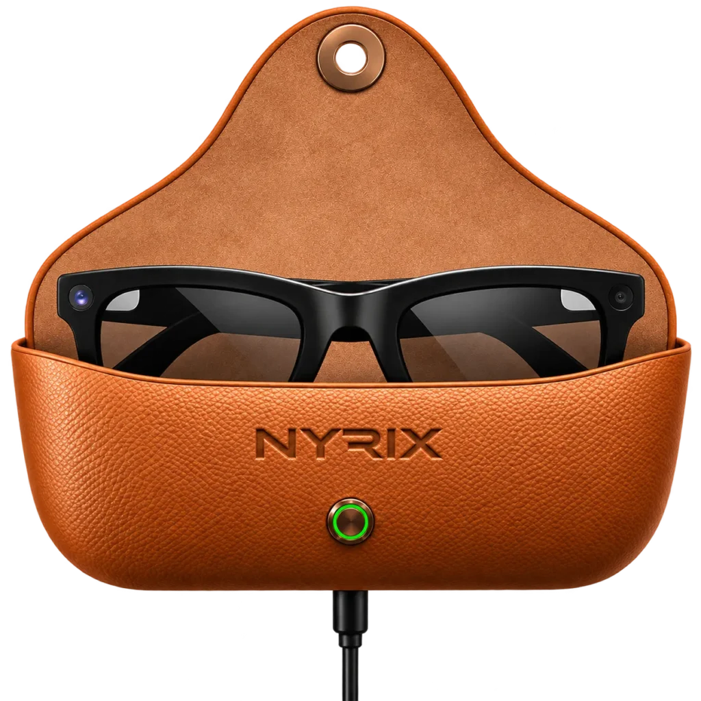Lunettes NYRIX Smart Glasses dans leur étui de charge marron ouvert, relié à un câble USB-C