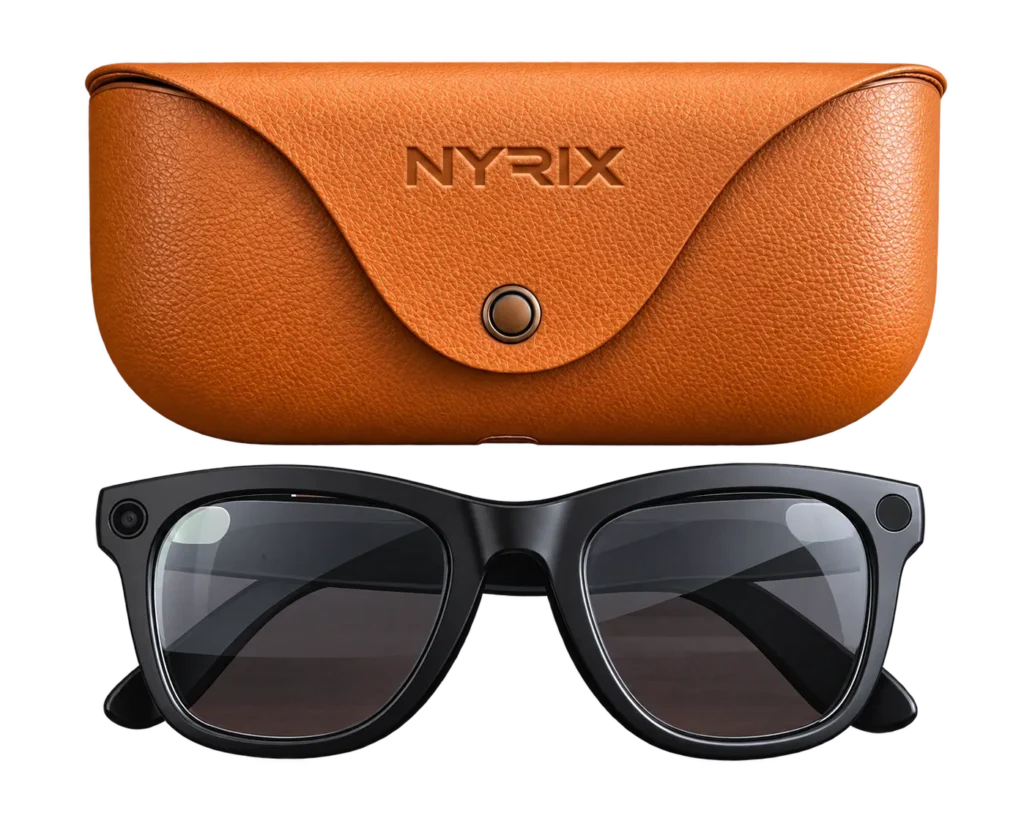Lunettes connectées NYRIX Smart Glasses et leur étui de charge marron fermé, vue de face