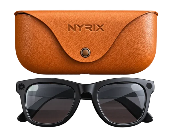 Lunettes connectées NYRIX Smart Glasses et leur étui de charge marron fermé, vue de face