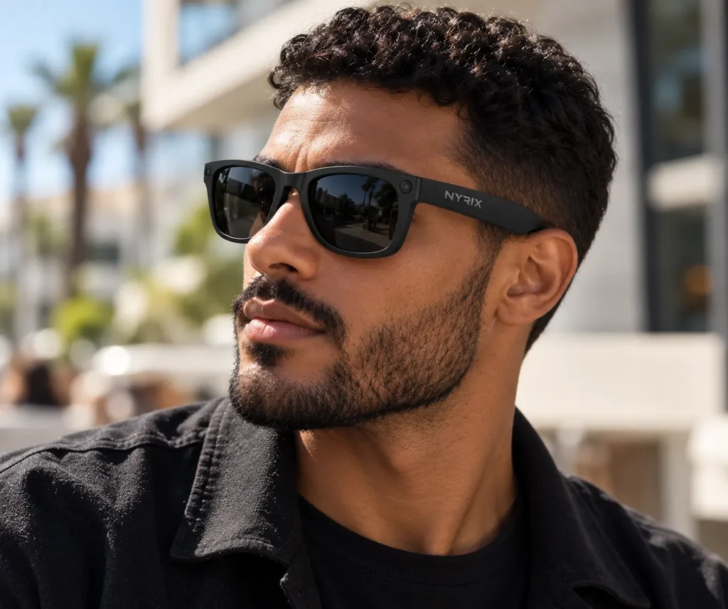 Homme portant les lunettes connectées NYRIX Smart Glasses en ville, au soleil