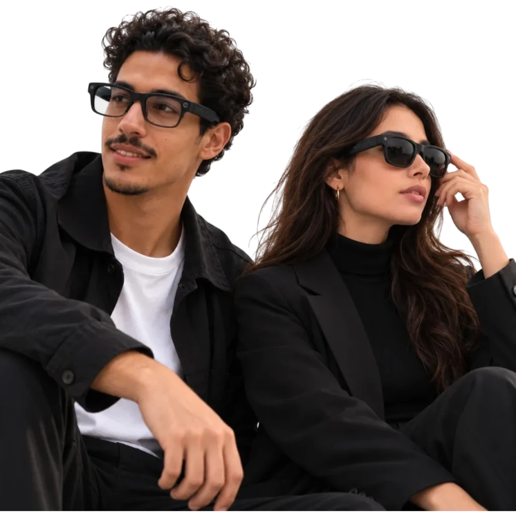 Homme avec verres clairs et femme avec verres teintés portant les lunettes connectées NYRIX Smart Glasses