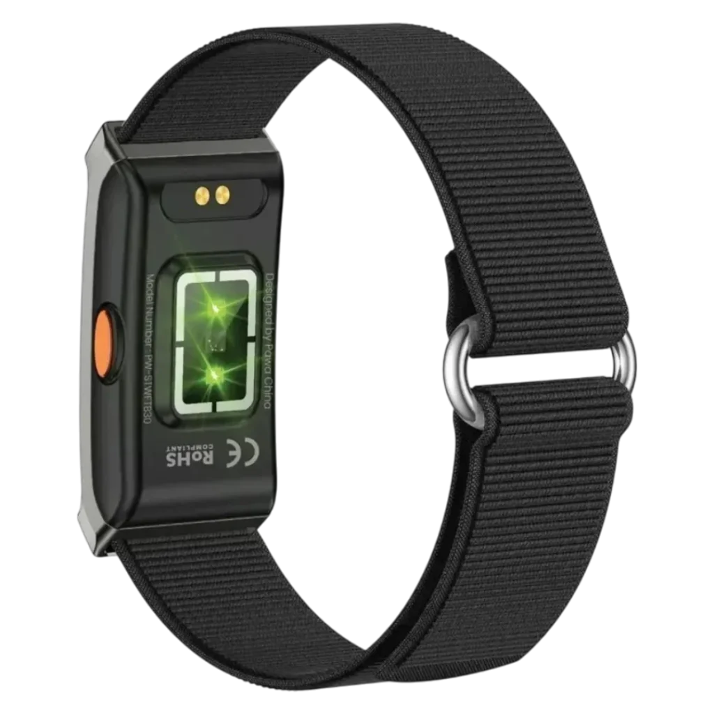 Dos du NYRIX FIT Band : capteurs optiques et connecteur de charge magnétique 2 broches